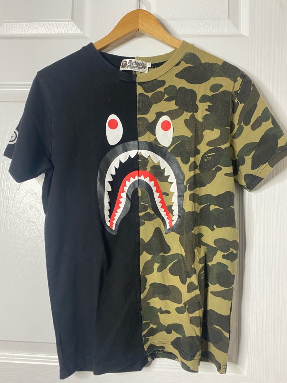 Bape Kids Split Shark Tee in Black & Olive Camo #9